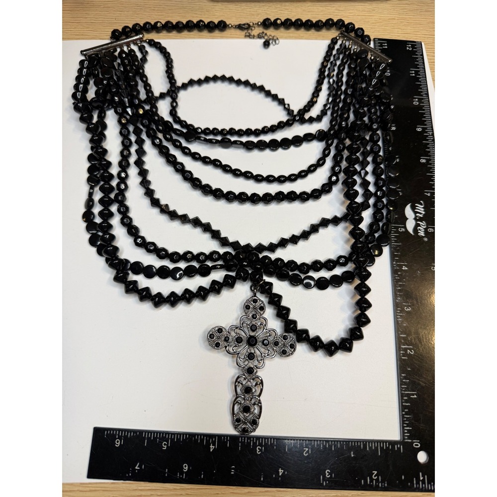 Black Multi Strand Beaded Statement Necklace Ornate Filigree Cross Pendant Goth